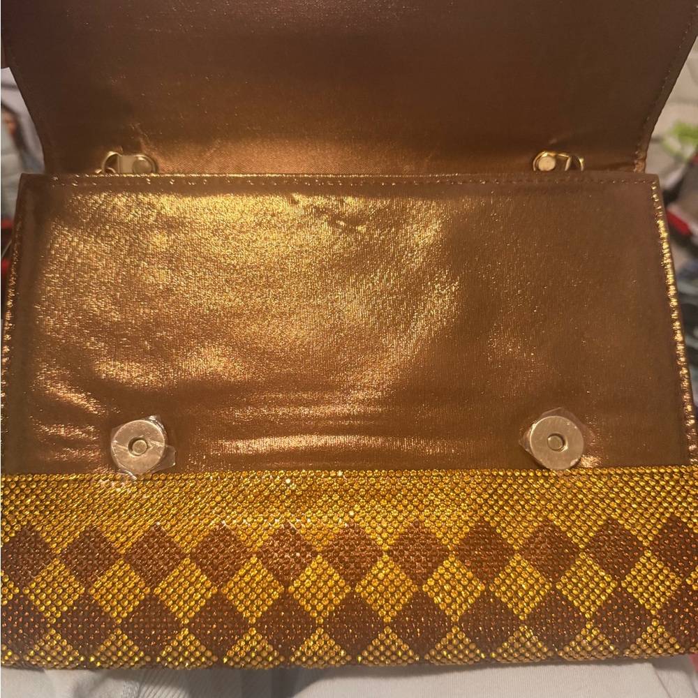 VERA Brown & Gold Crystal Rhinestone Pave Diamond Shape Crossbody Bag /Clutch - Picture 6 of 6